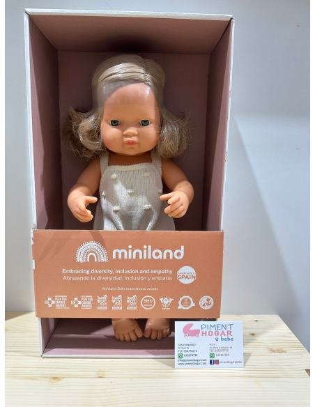 MUÑECA CAUCASICA RUBIA OSCURO 38 CM PELELE CRUDO MINILAND