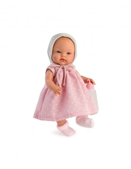 MUÑECA ALEX VESTIDO ROSA PINTITAS BLANCAS CORRO GRIS ASI