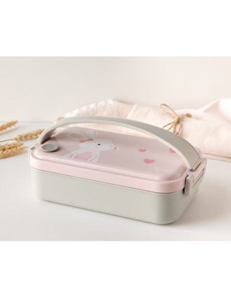 CAJA ALMUERZO ACERO INOXIDABLE CON ASA CONEJO ROSA KIOKIDS