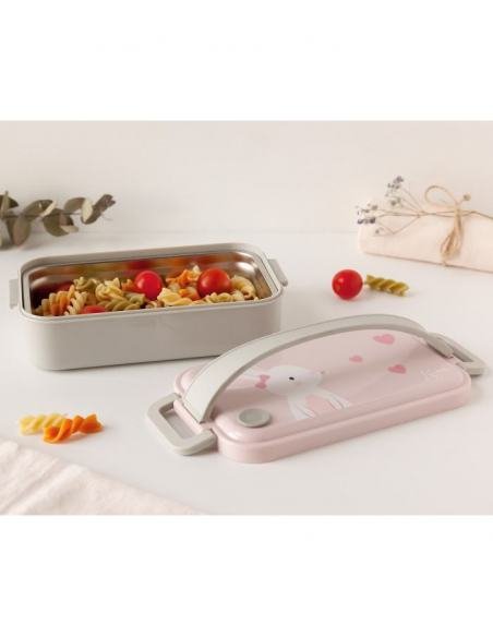 CAJA ALMUERZO ACERO INOXIDABLE CON ASA CONEJO ROSA KIOKIDS