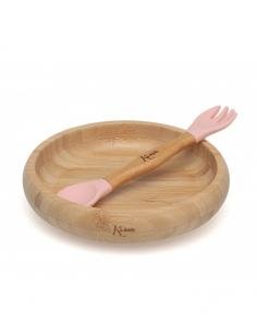 SET VAJILLA SILICONA Y BAMBÚ ROSA CON CUCHARA/TENEDOR KIOKIDS