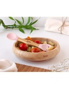 SET VAJILLA SILICONA Y BAMBÚ ROSA CON CUCHARA/TENEDOR KIOKIDS 2